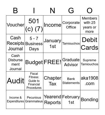 AKA Fiscal Fitness Bingo Card