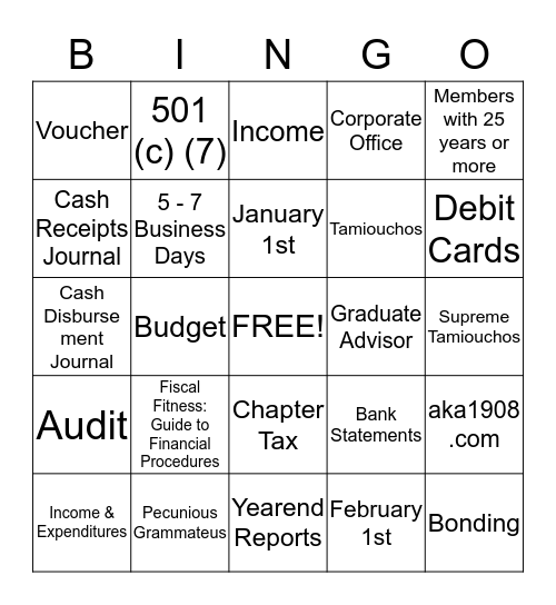 AKA Fiscal Fitness Bingo Card