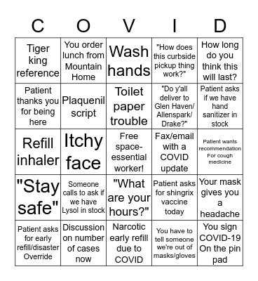 Pharmacy COVID Bingo Card