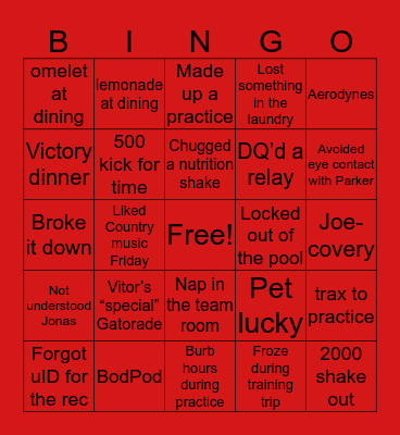 Utah Swim&Dive Bingo Card