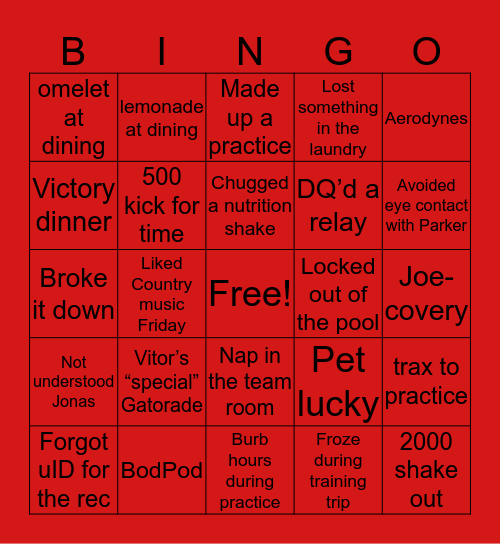 Utah Swim&Dive Bingo Card