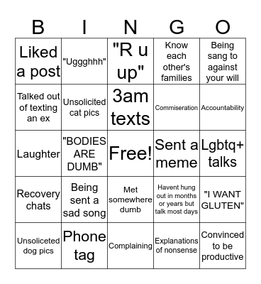 Friends with Zo Bingo Card
