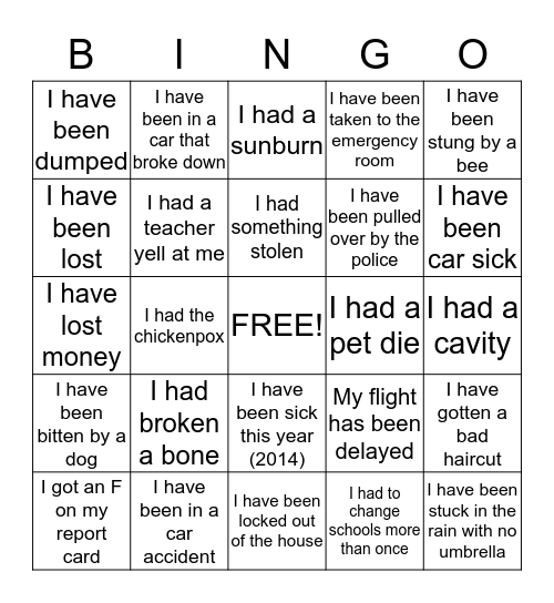 Bummer Bingo Card