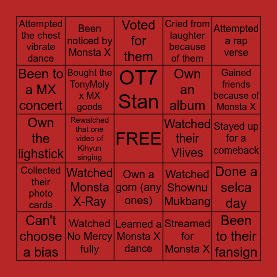 Monbebe Bingo Card