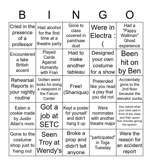 Also Unofficial Theatre Bingo Card