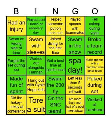 SNC SWIM & DIVE Bingo Card