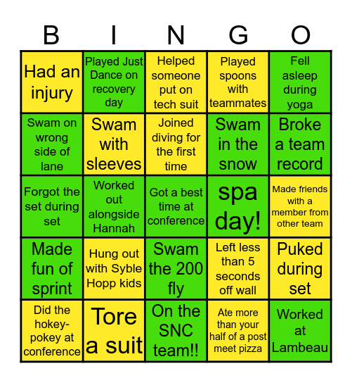 SNC SWIM & DIVE Bingo Card