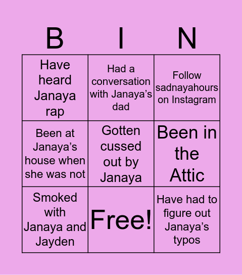 Janaya Bingo Card