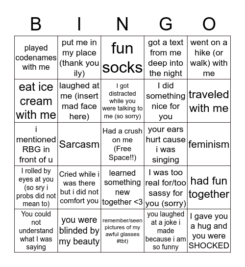 Rachel friendship Bingo Card