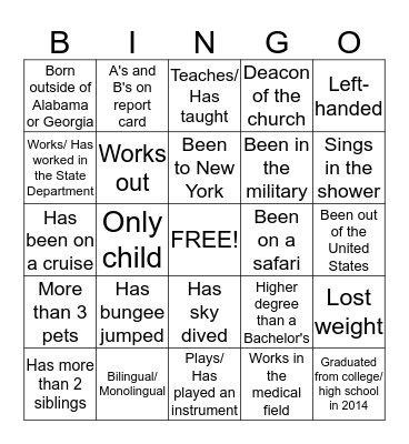2014 Ellington Family Reunion Bingo Game Bingo Card