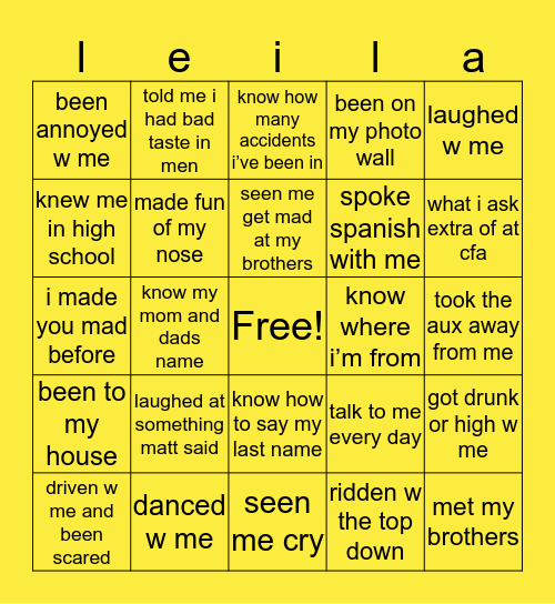 leila’s bingo Card