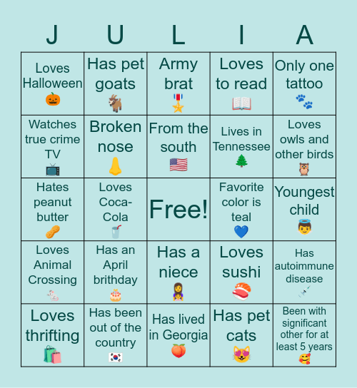 Who Is Most Like Julia Bingo Card