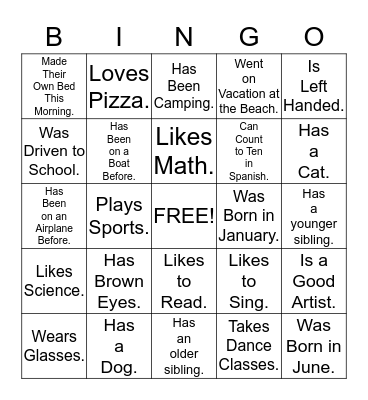 Back to School Bingo Card