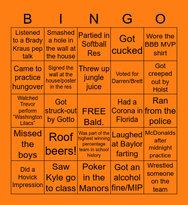 2020 Wartburg Baseball Bingo Card