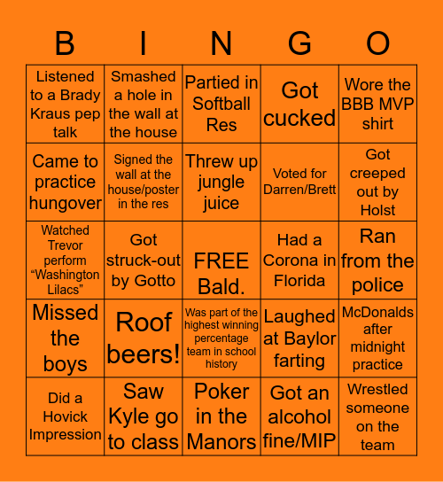 2020 Wartburg Baseball Bingo Card