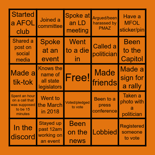 AZ MFOL organizer bingo! Bingo Card