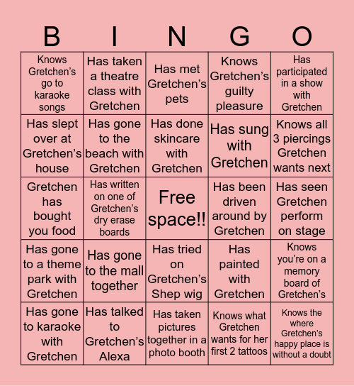 Gretchen has been bored for too long Bingo Card
