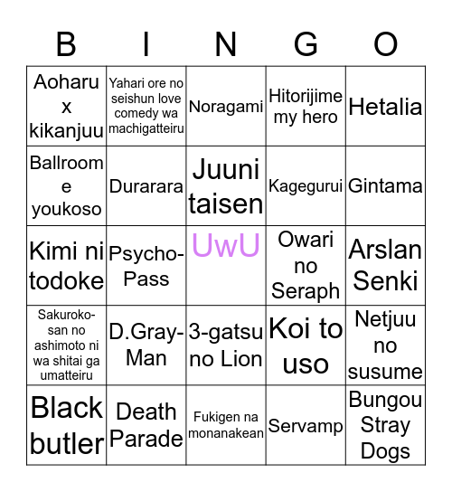 Anime Bingo Card