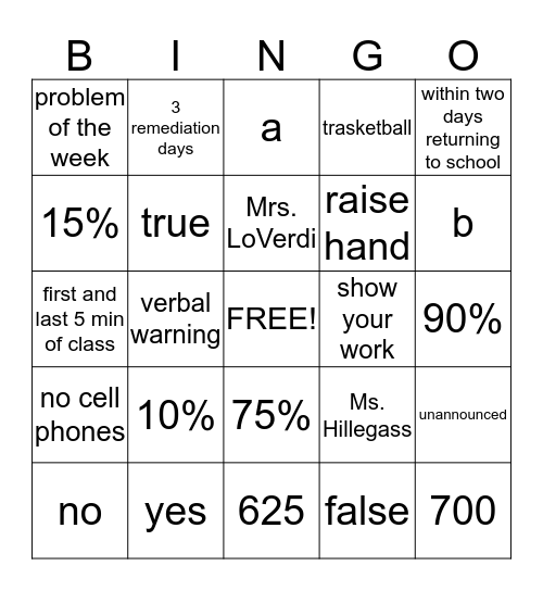 Expectations Bingo Card
