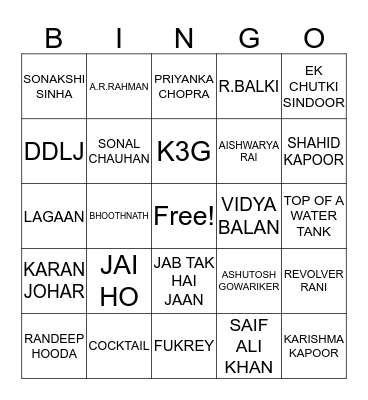 Bollywood Bingo Card