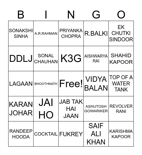 Bollywood Bingo Card