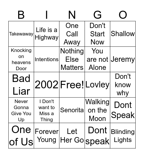 Instrumental Pop Covers Bingo Card