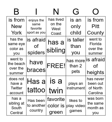 Getting To Know You Bingo Card