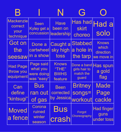 West Guard Bingo Card