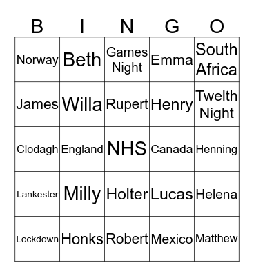 Twelth Night Friday Night Bingo Card