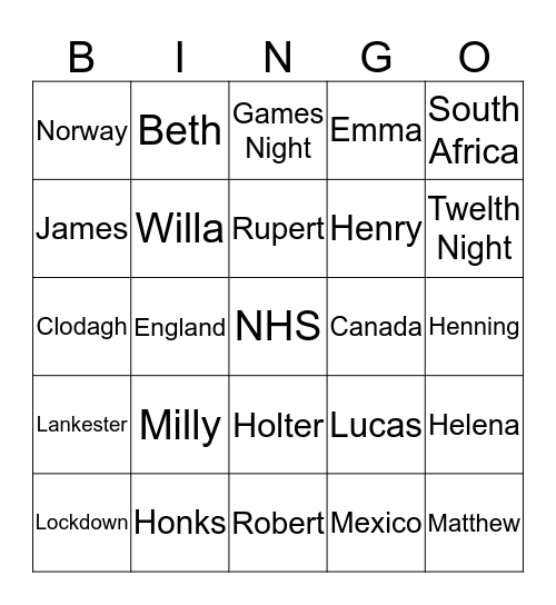 Twelth Night Friday Night Bingo Card