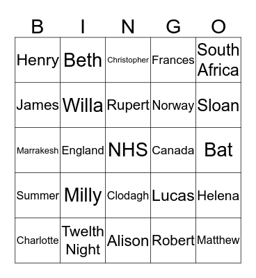 Twelth Night Friday Night Bingo Card