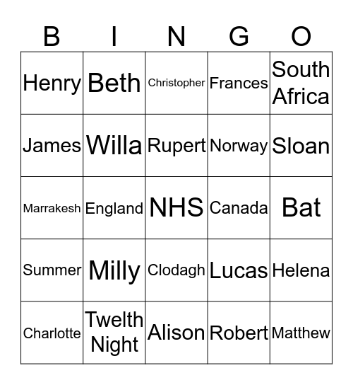 Twelth Night Friday Night Bingo Card