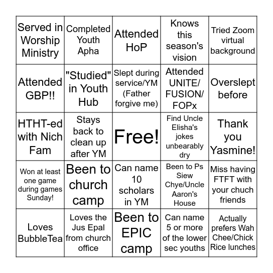 LWMC Youth Ministry Epic Bingo Card