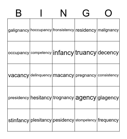 ancy, ency Bingo Card