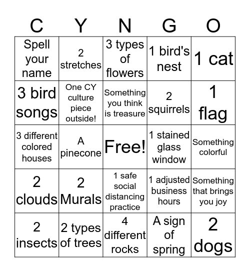 Get Outside (Safely) Scavenger Hunt Bingo Card