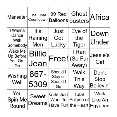 80s Hits Bingo Card