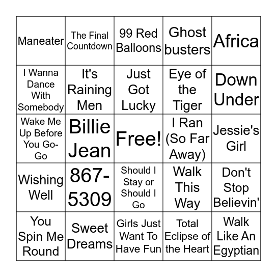 80s Hits Bingo Card