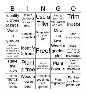 Horticulture Class Spring Break Bingo Card