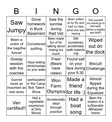 Bowdoin Rowing Bingo Card