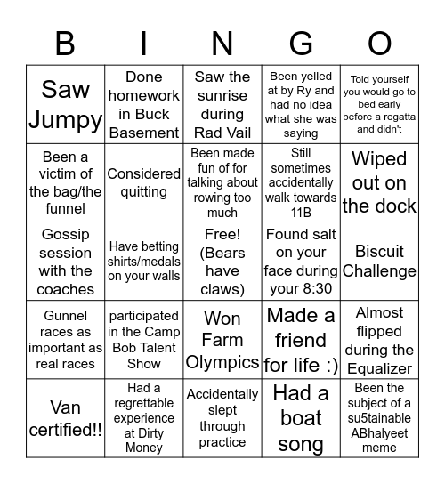 Bowdoin Rowing Bingo Card