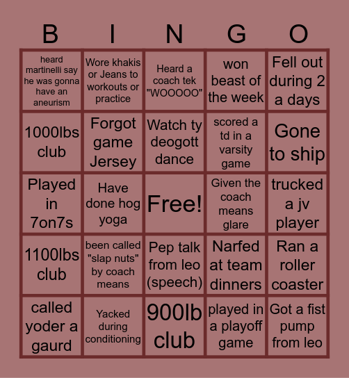 OAHS Football Bingo Card