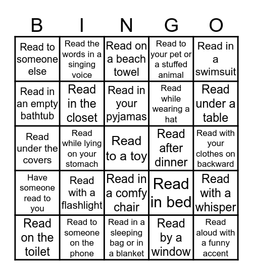 Home Reading Challenge Bingo Card