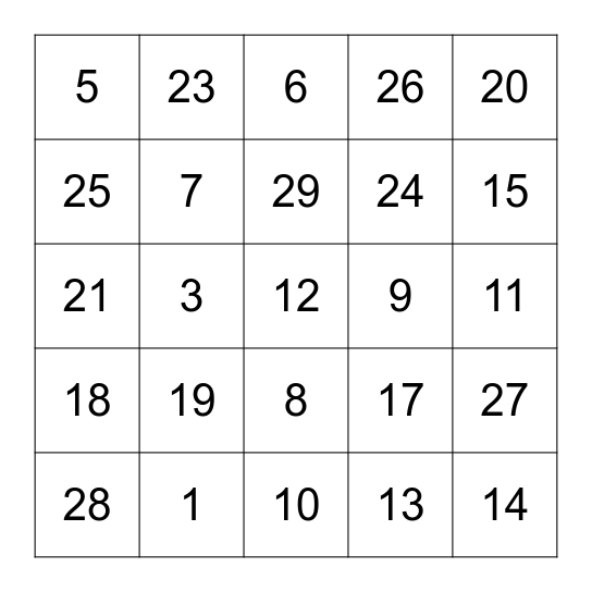 les numeros Bingo Card