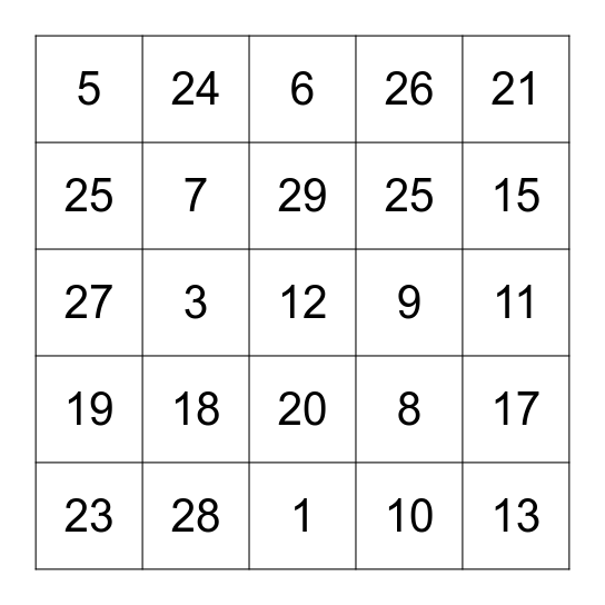 les numeros Bingo Card