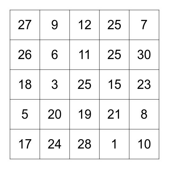 les numeros Bingo Card