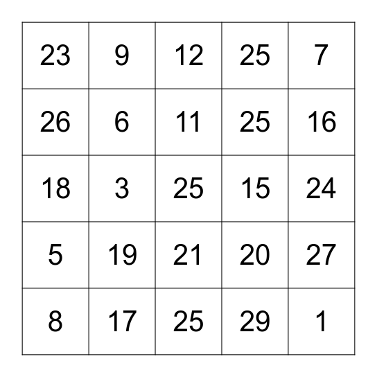 les numeros Bingo Card