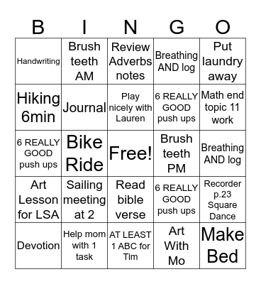 Tuesday Bingo Card