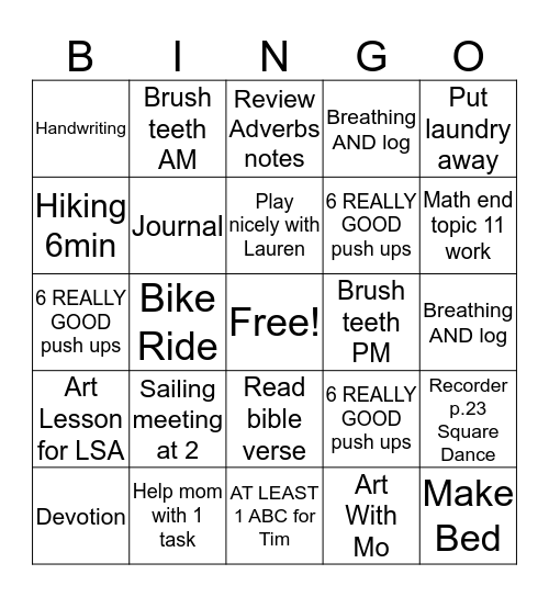 Tuesday Bingo Card