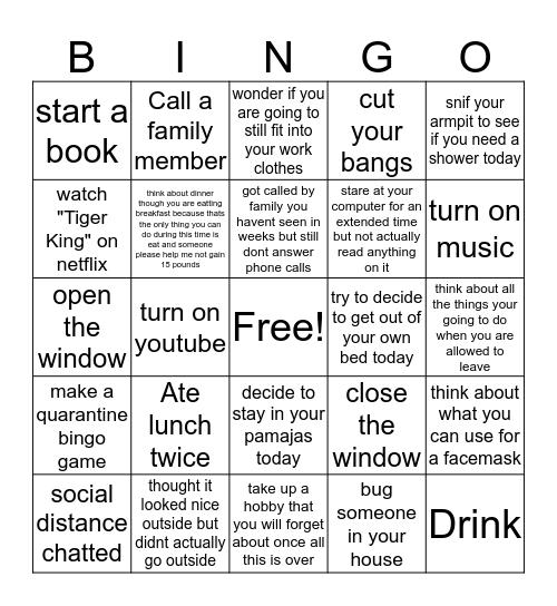 quarantine bingo Card