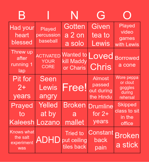 Lovejoy Drumline Bingo Card